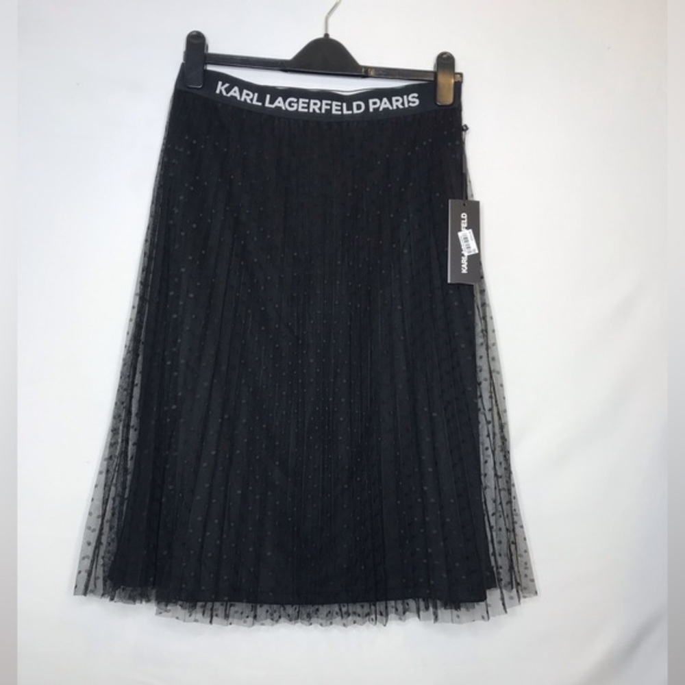 NWTKarl Lagerfeld Pleated black polkadotted mesh skirt